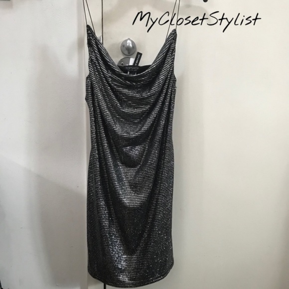 TopShop RARE Black Silver METALLIC Sexy Mini Dress 6 xs- small NWT! New with tag - Picture 3 of 7